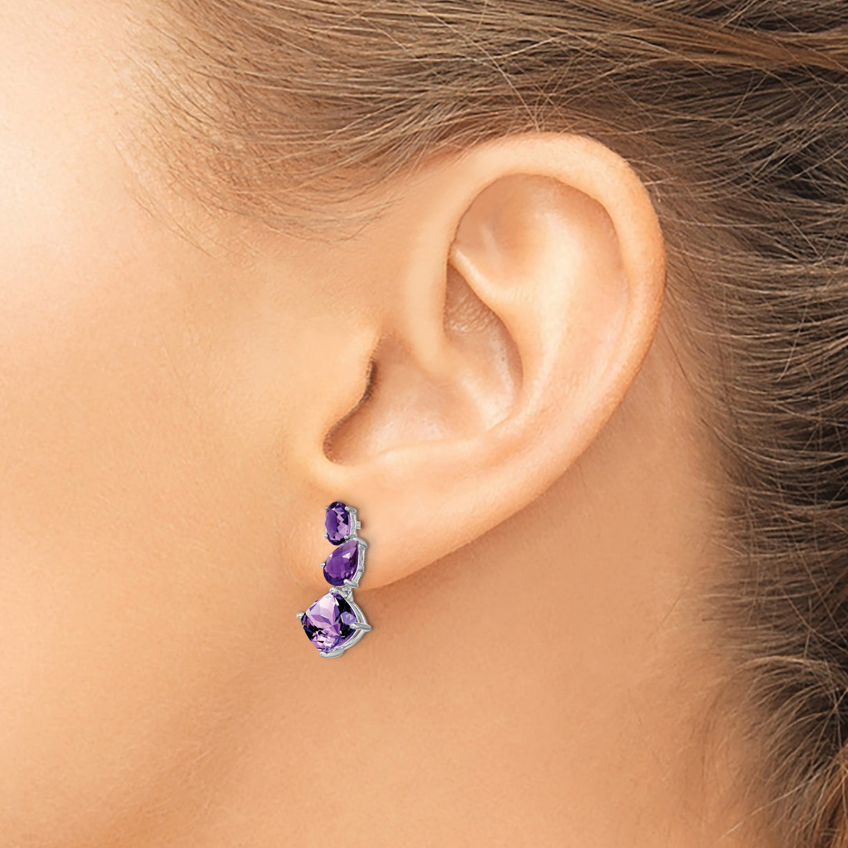 14k White Gold Dangle Earrings with Amethyst Oval Pear Cushion Gemstones, Drop Style