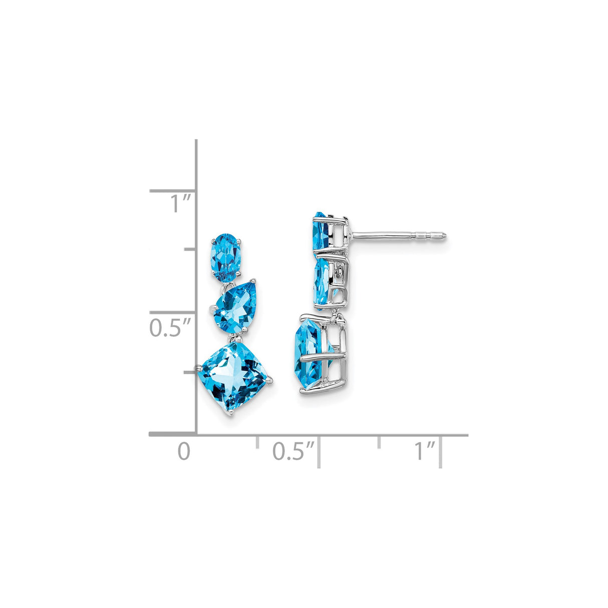 14k White Gold Dangle Earrings with Graduated Swiss Blue Topaz in Oval, Pear, and Cushion Cuts