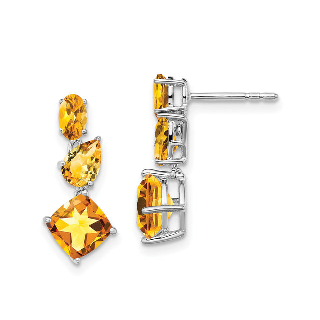 14k White Gold Drop Earrings with Citrine, Long Dangle Gemstone Design for Women