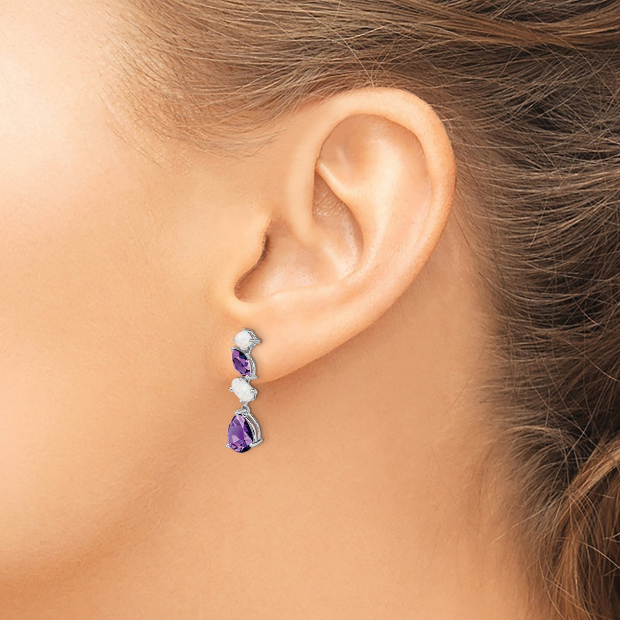 14k White Gold Dangle Earrings with Amethyst and Opal in Marquise, Oval, and Pear Cuts