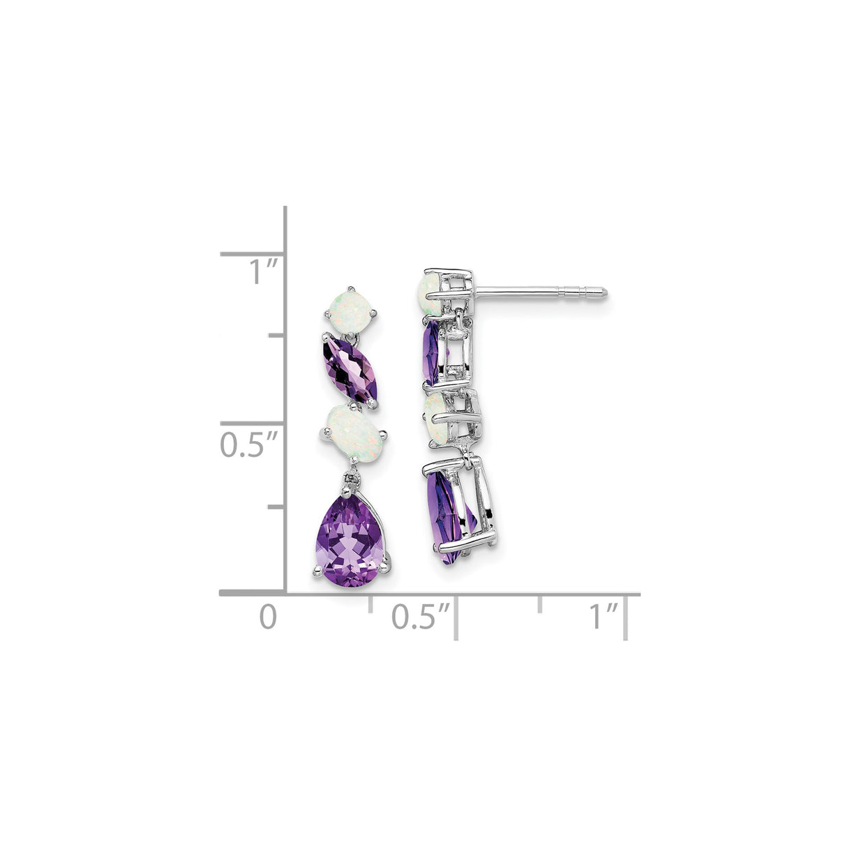 14k White Gold Dangle Earrings with Amethyst and Opal in Marquise, Oval, and Pear Cuts
