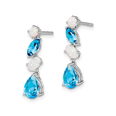 14k White Gold Dangle Earrings with Swiss Blue Topaz and Opal, Multi-Stone Drop Design