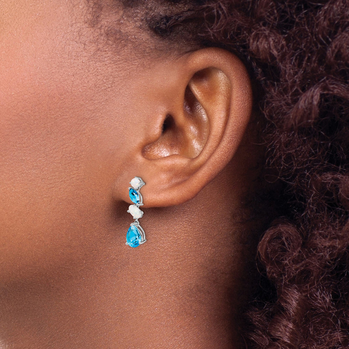 14k White Gold Dangle Earrings with Swiss Blue Topaz and Opal, Multi-Stone Drop Design