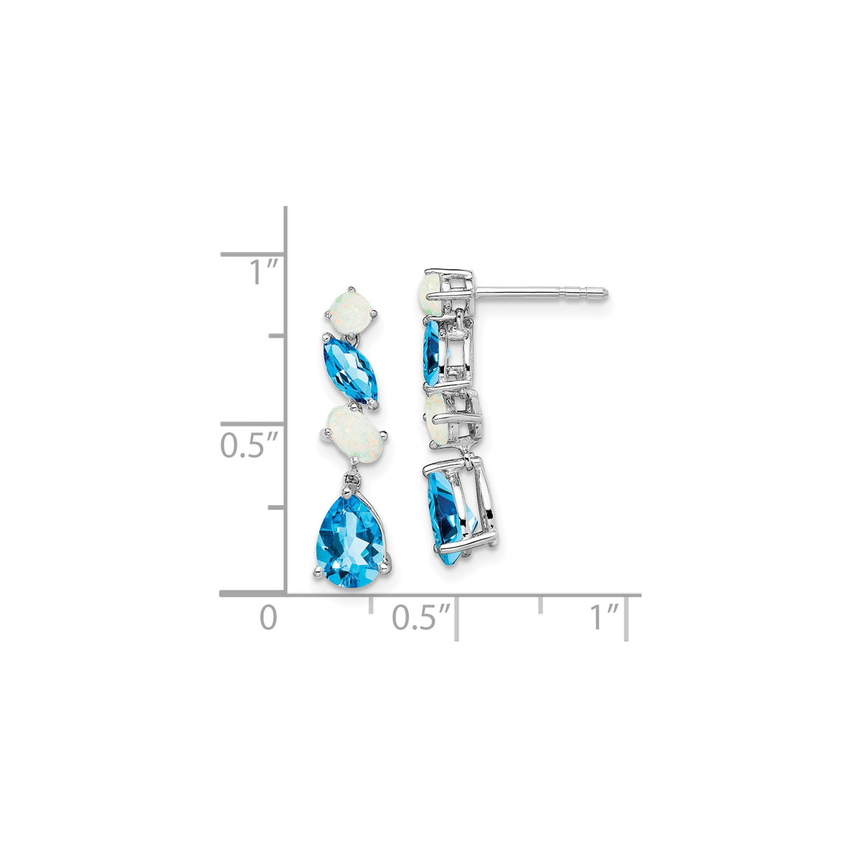 14k White Gold Dangle Earrings with Swiss Blue Topaz and Opal, Multi-Stone Drop Design