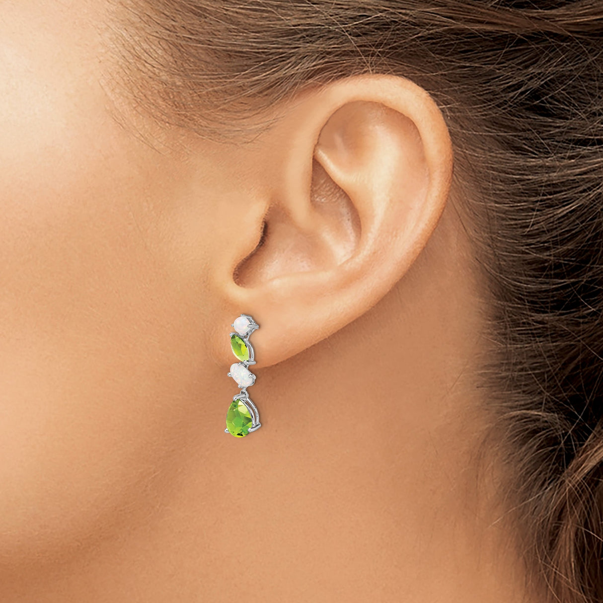 14k White Gold Drop Earrings with Peridot and Opal Gemstones, Elegant Evening Jewelry