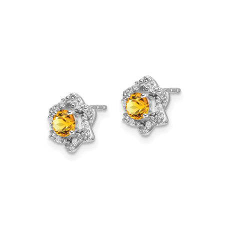 14k White Gold Floral Stud Earrings with Citrine Center and Diamond Accents
