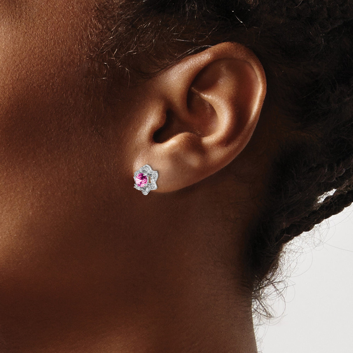 14k White Gold Stud Earrings with Lab Created Pink Sapphire and Diamond, Floral Design