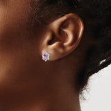 14k White Gold Stud Earrings with Lab Created Pink Sapphire and Diamond, Floral Design