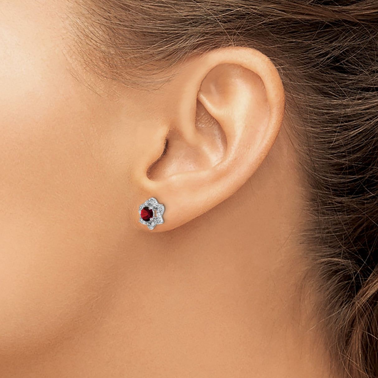 14k White Gold Stud Earrings with Garnet and Diamond Accents, Floral Design for Women
