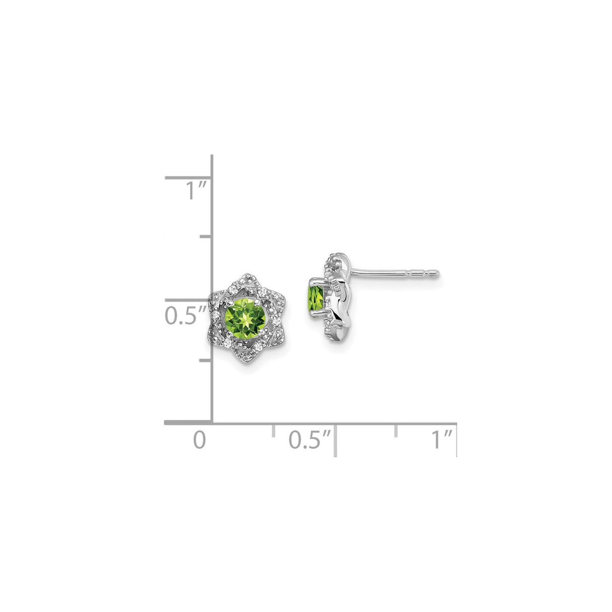 14k White Gold Stud Earrings with Peridot and Diamond, Flower Halo Design