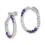 14k White Gold Hoop Earrings with Amethyst, Prong Set Purple Gemstones, Elegant Bold Style