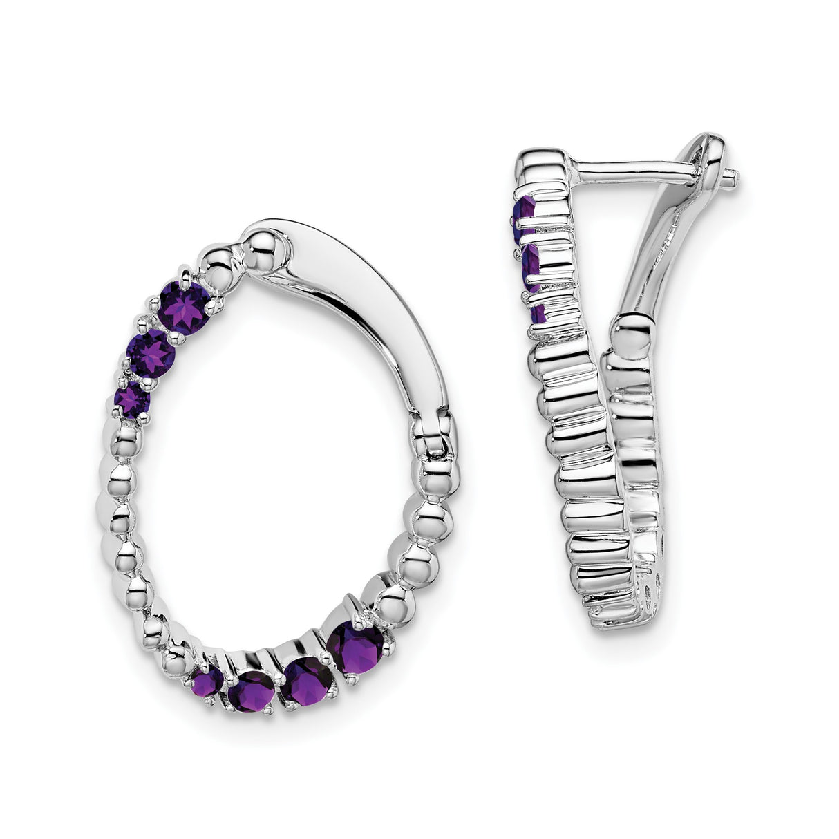 14k White Gold Hoop Earrings with Amethyst, Prong Set Purple Gemstones, Elegant Bold Style