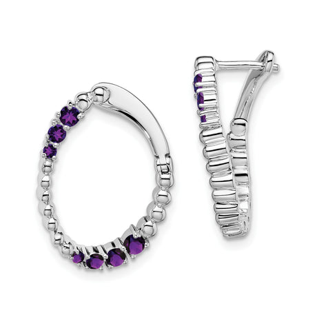 14k White Gold Hoop Earrings with Amethyst, Prong Set Purple Gemstones, Elegant Bold Style