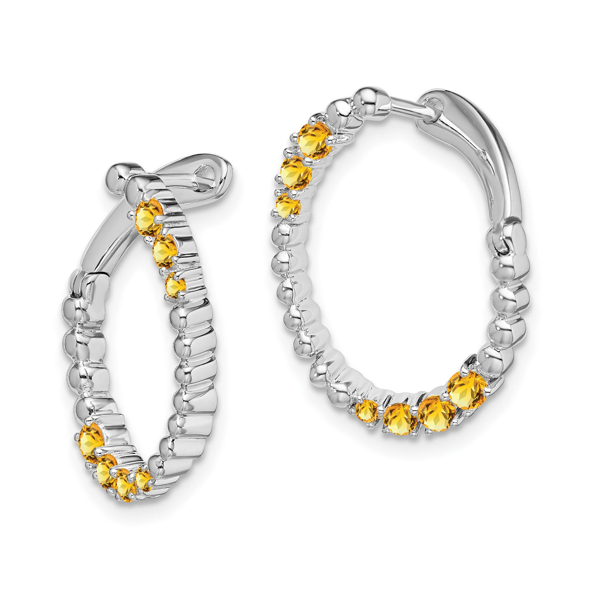 14k White Gold Hoop Earrings with Citrine Gemstones, Modern Shared Prong Style for Women
