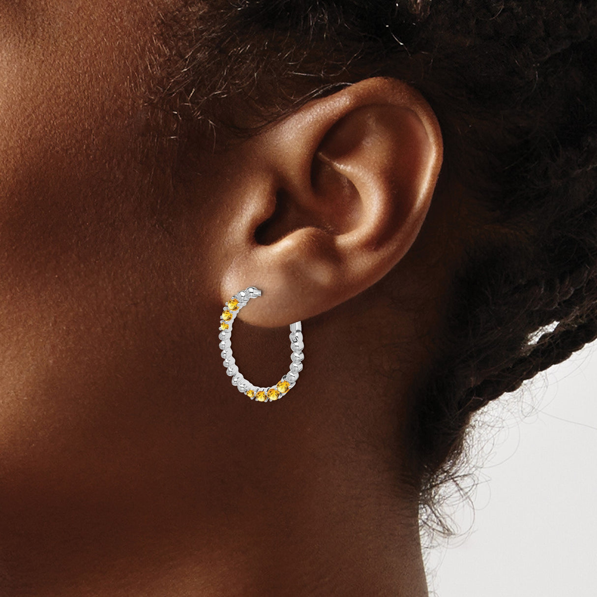 14k White Gold Hoop Earrings with Citrine Gemstones, Modern Shared Prong Style for Women