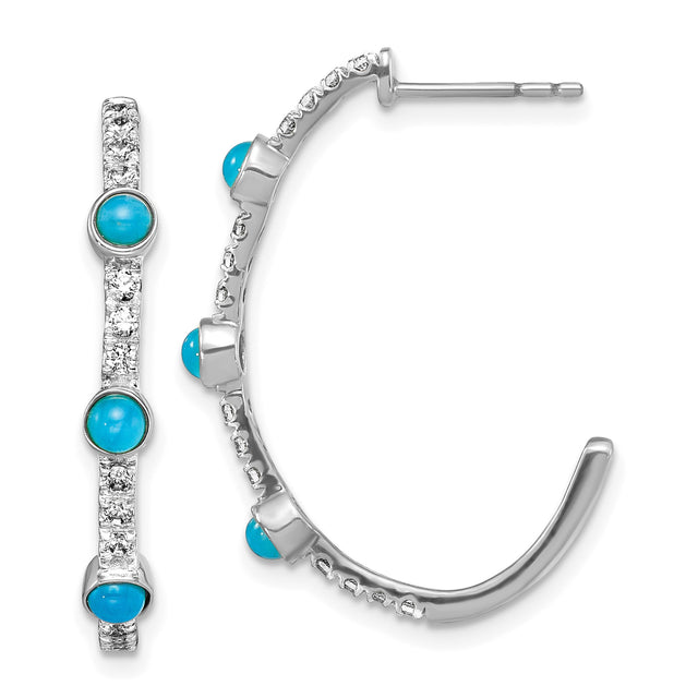 14k White Gold Hoop Earrings with Turquoise and White Topaz, Modern Elegant Style for Women