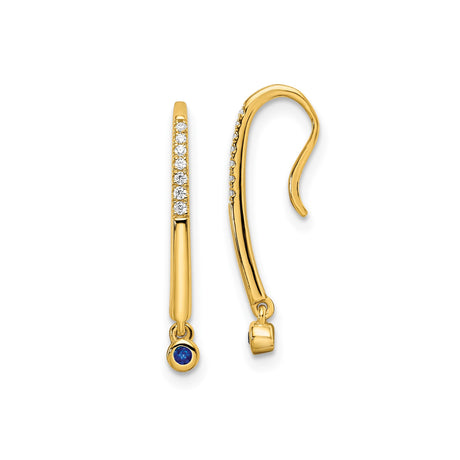 14k Yellow Gold Dangle Earrings with Blue Sapphire Drop and Diamond Accents, Linear Design
