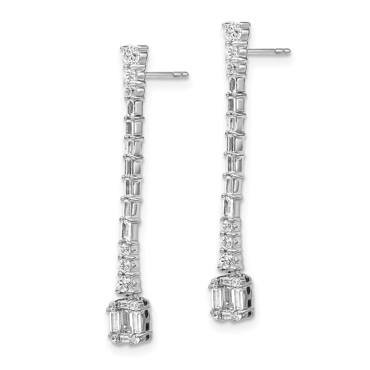 14k White Gold Drop Earrings with Round and Baguette Diamonds, Linear Dangle Style for Women