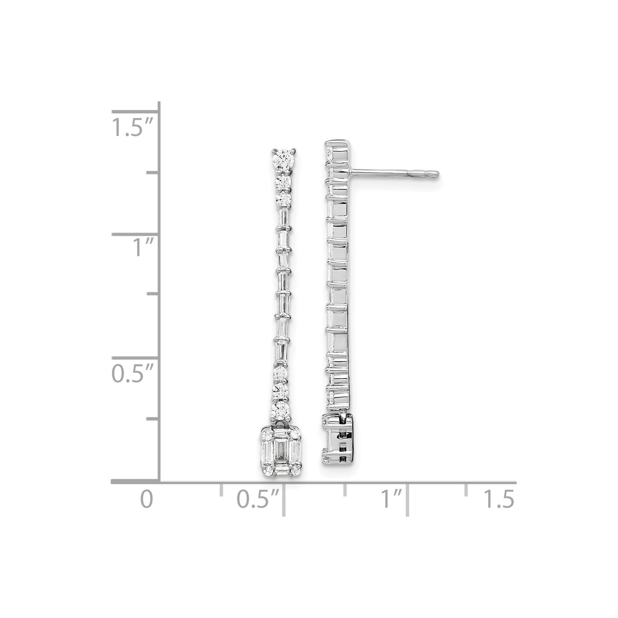 14k White Gold Drop Earrings with Round and Baguette Diamonds, Linear Dangle Style for Women