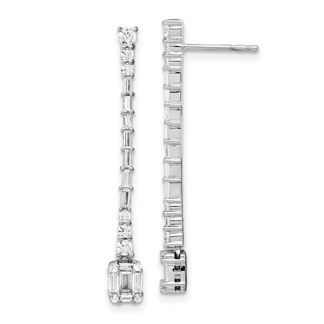 14k White Gold Drop Earrings with Round and Baguette Diamonds, Linear Dangle Style for Women