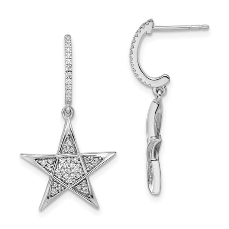 14k White Gold Dangle Earrings with Diamond Accented Open Star Design, Celestial Motif