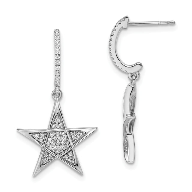 14k White Gold Dangle Earrings with Diamond Accented Open Star Design, Celestial Motif