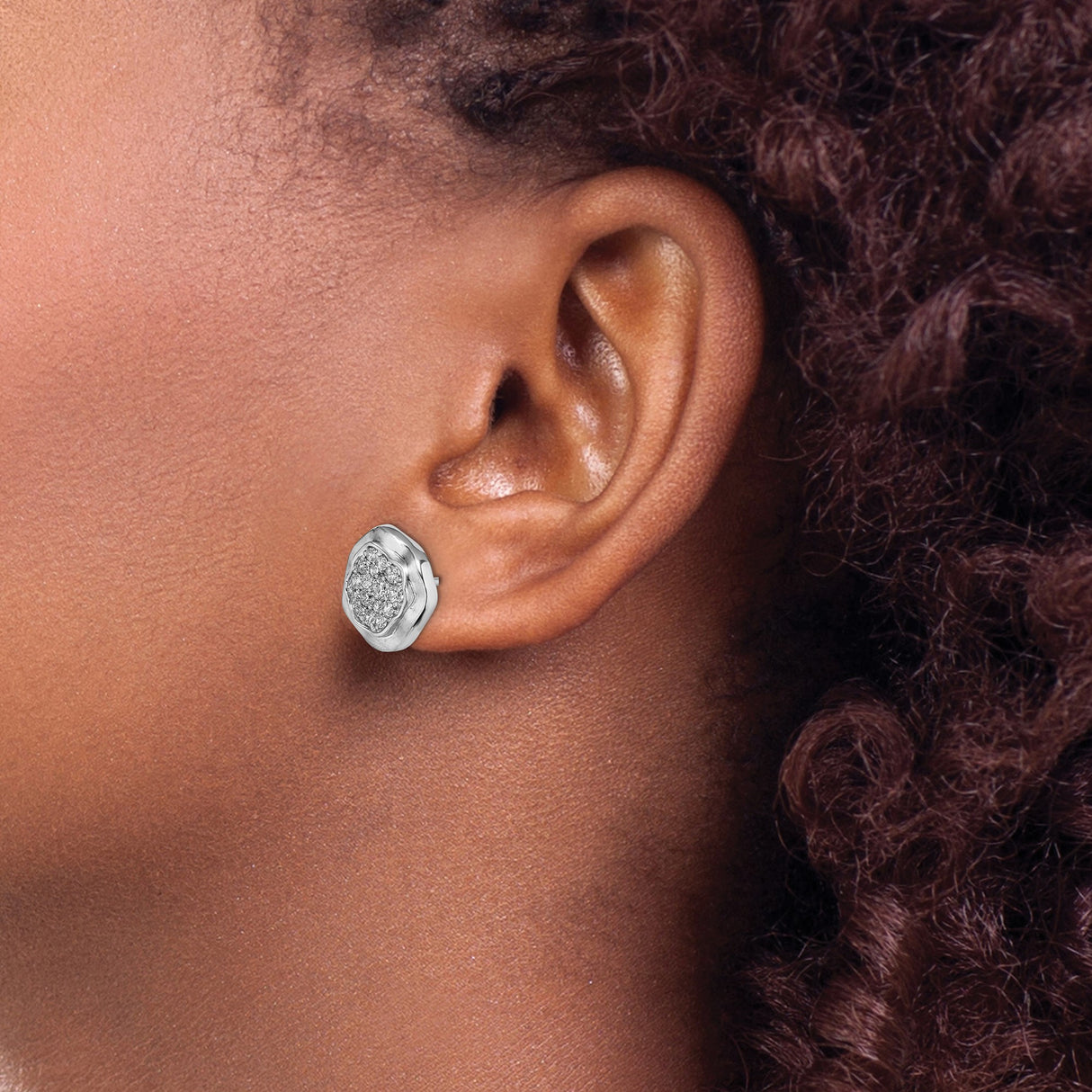 14k White Gold Diamond Stud Earrings, Floral Cluster Pavé Wavy Design