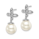 14k White Gold Drop Earrings with White Pearls, Diamond Accents, Floral Petal Design