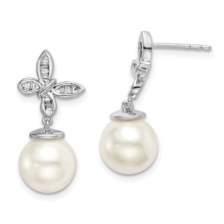 14k White Gold Drop Earrings with White Pearls, Diamond Accents, Floral Petal Design