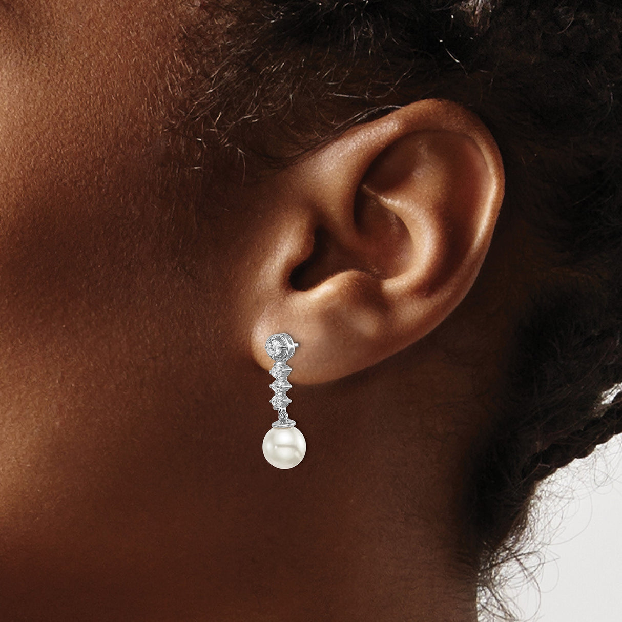 14k White Gold Drop Earrings with Cultured Pearls and Round Diamond Accents