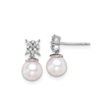 14k White Gold Drop Earrings with Cultured Freshwater Pearls and Diamond Floral Cluster