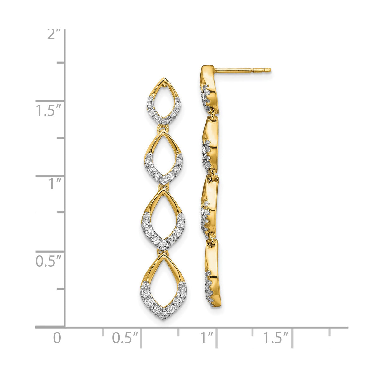 14k Yellow Gold Drop Earrings with White Diamonds, Three Marquise Open Drops, Lightweight Design
