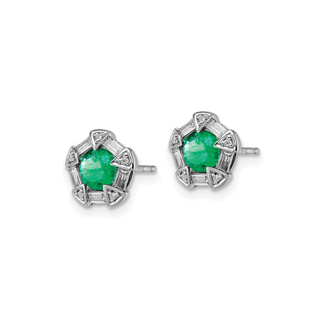 14k White Gold Emerald and Diamond Stud Earrings, Round Center with Baguette and Triangle Halo