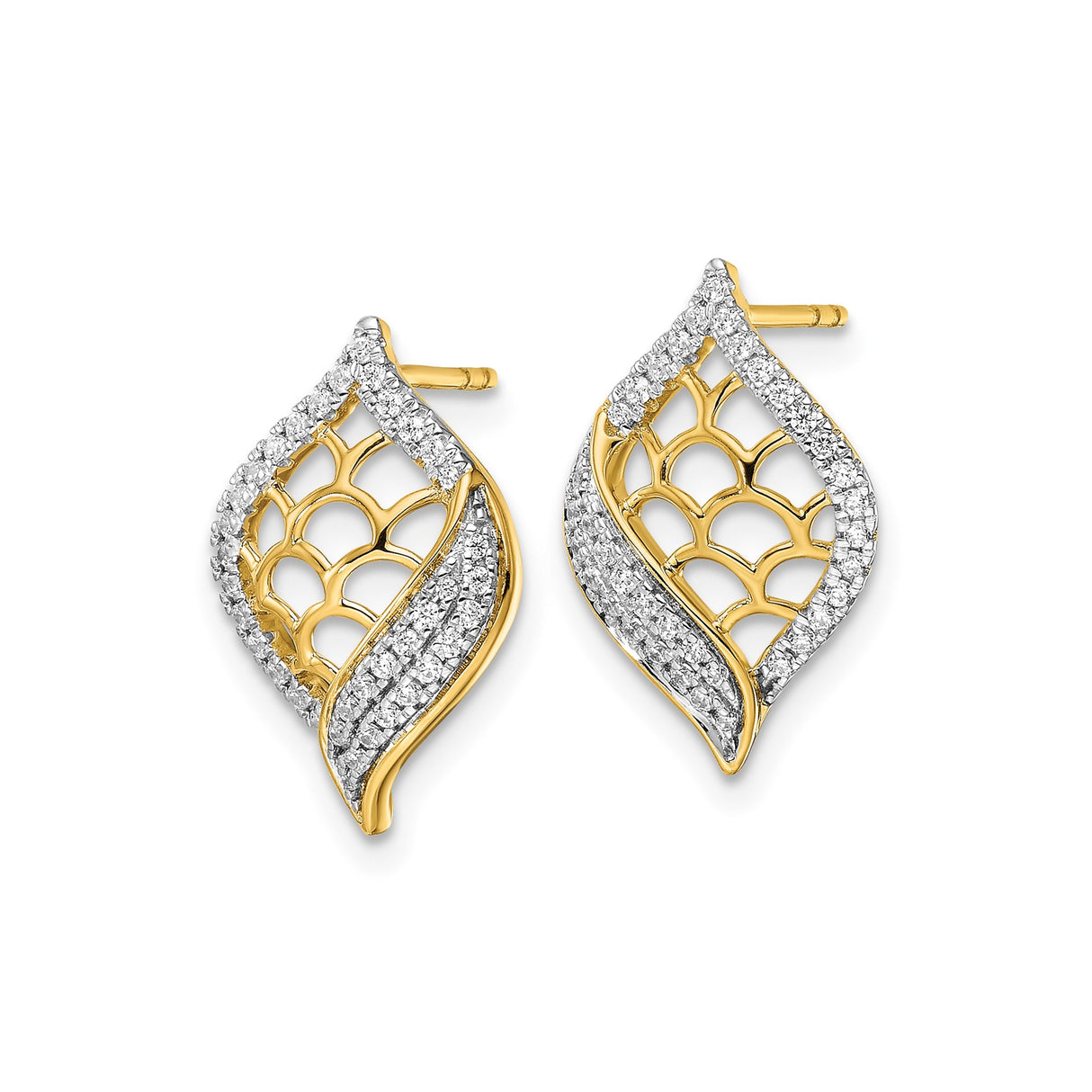 14k Yellow Gold Leaf Shaped Stud Earrings with Diamond Pavé, Botanical Design