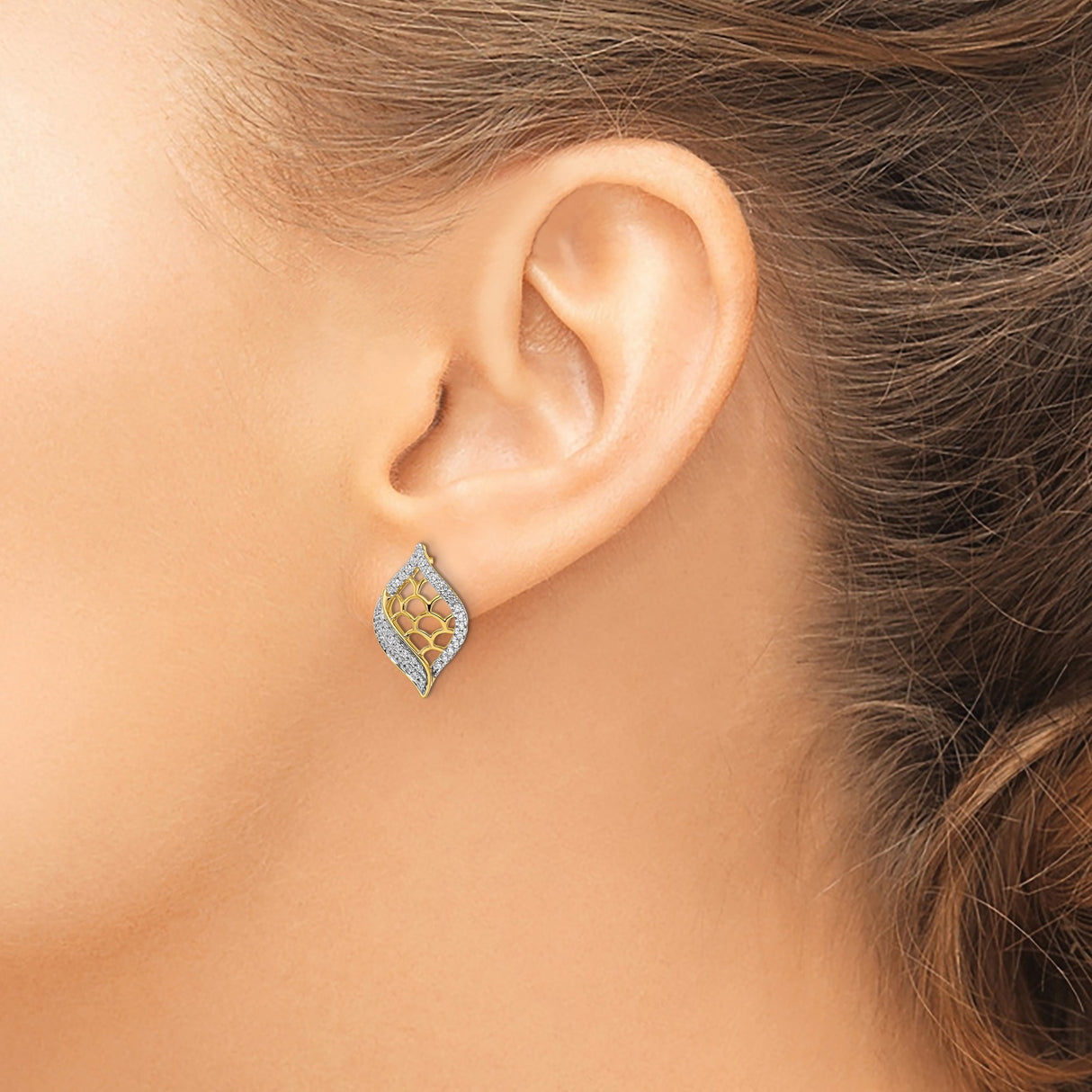14k Yellow Gold Leaf Shaped Stud Earrings with Diamond Pavé, Botanical Design