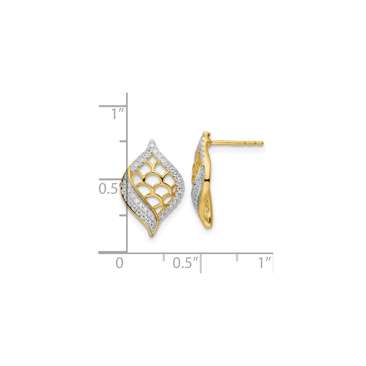 14k Yellow Gold Leaf Shaped Stud Earrings with Diamond Pavé, Botanical Design