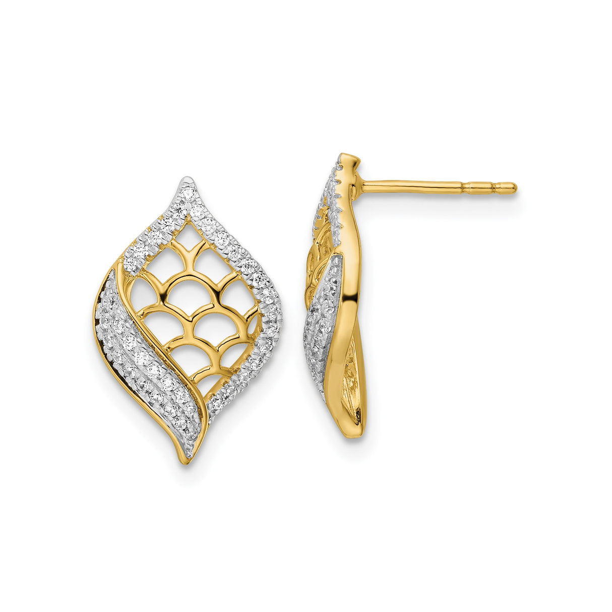 14k Yellow Gold Leaf Shaped Stud Earrings with Diamond Pavé, Botanical Design