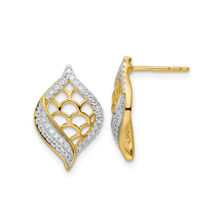 14k Yellow Gold Leaf Shaped Stud Earrings with Diamond Pavé, Botanical Design