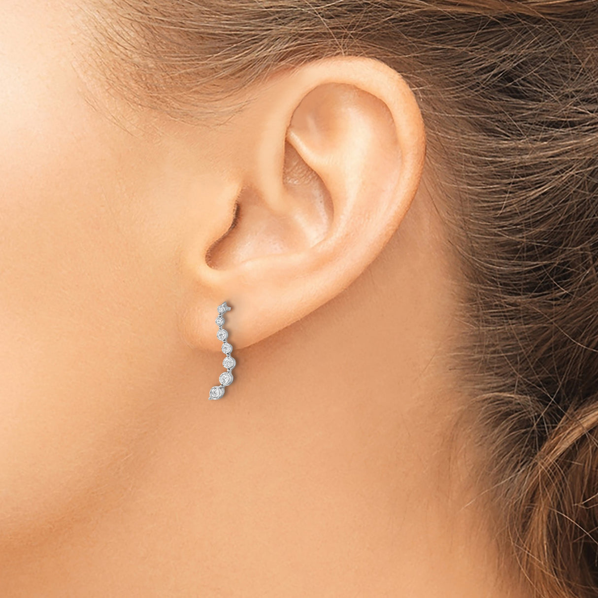 14k White Gold Diamond Ear Climbers with Graduated Bezel Set Linear Design for Women