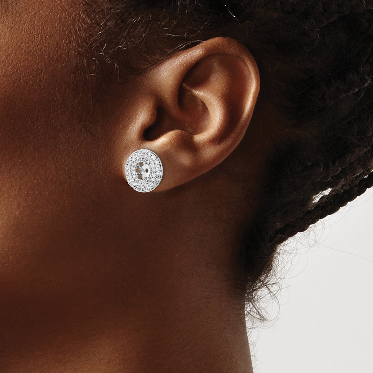14k White Gold Double Halo Earring Jackets with Diamond Accents, Round Starburst Design
