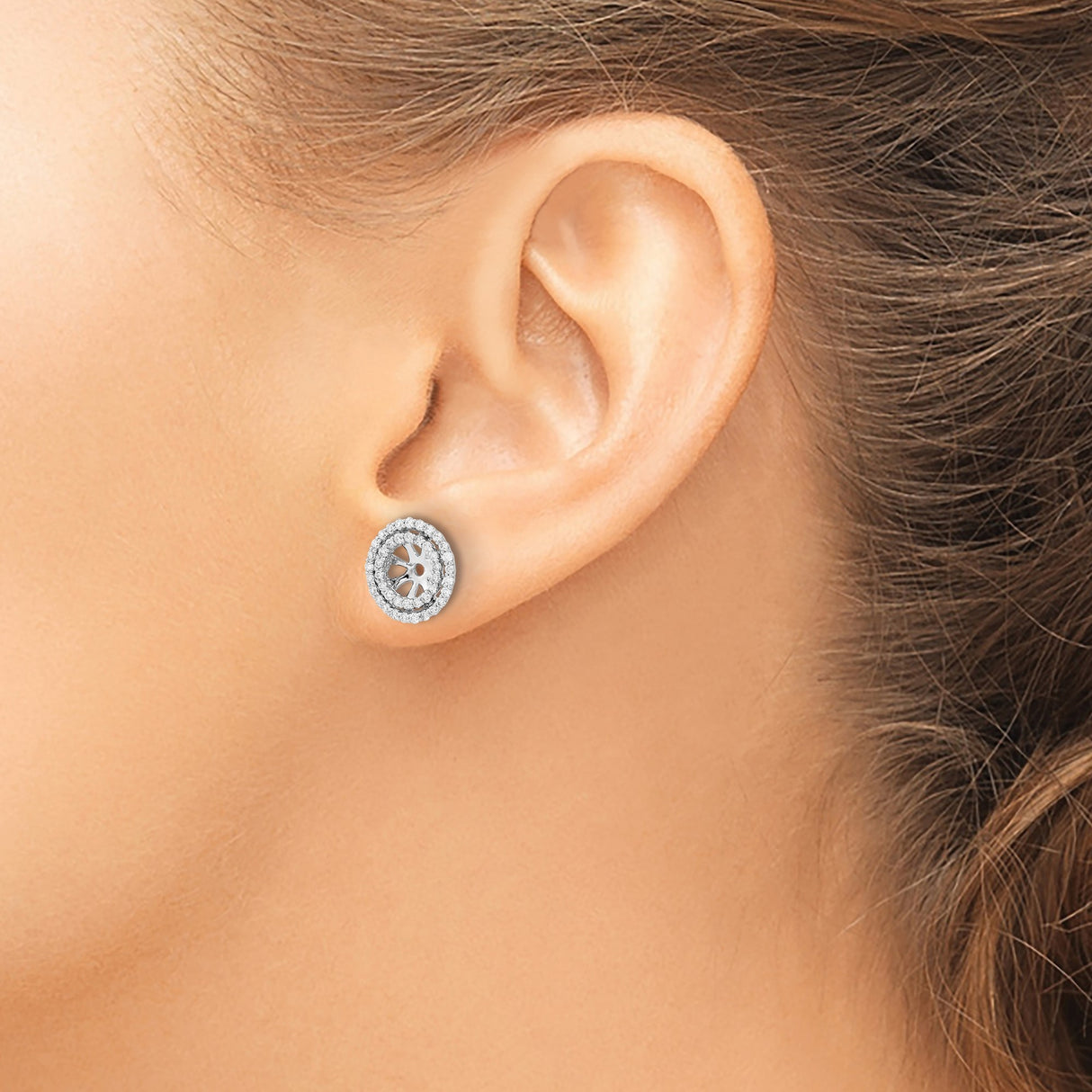 14k White Gold Earring Jackets with Diamond Accents, Wheel Design Circle Enhancers for Women