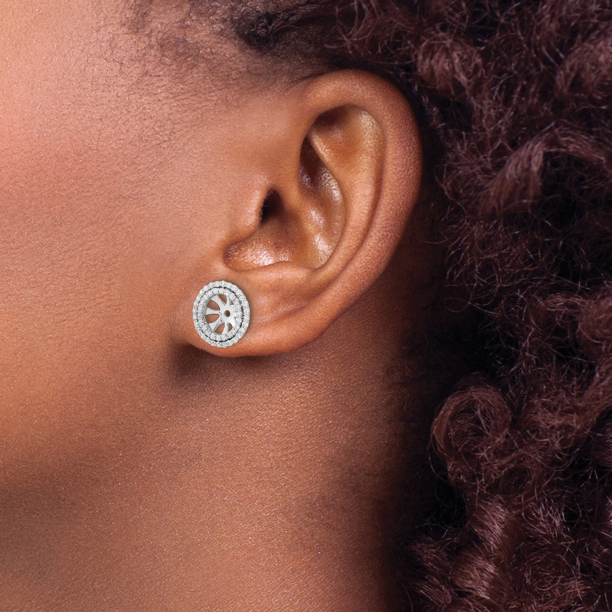 14k White Gold Earring Jackets with Diamonds, Radiating Spoke Double Halo Circle Design