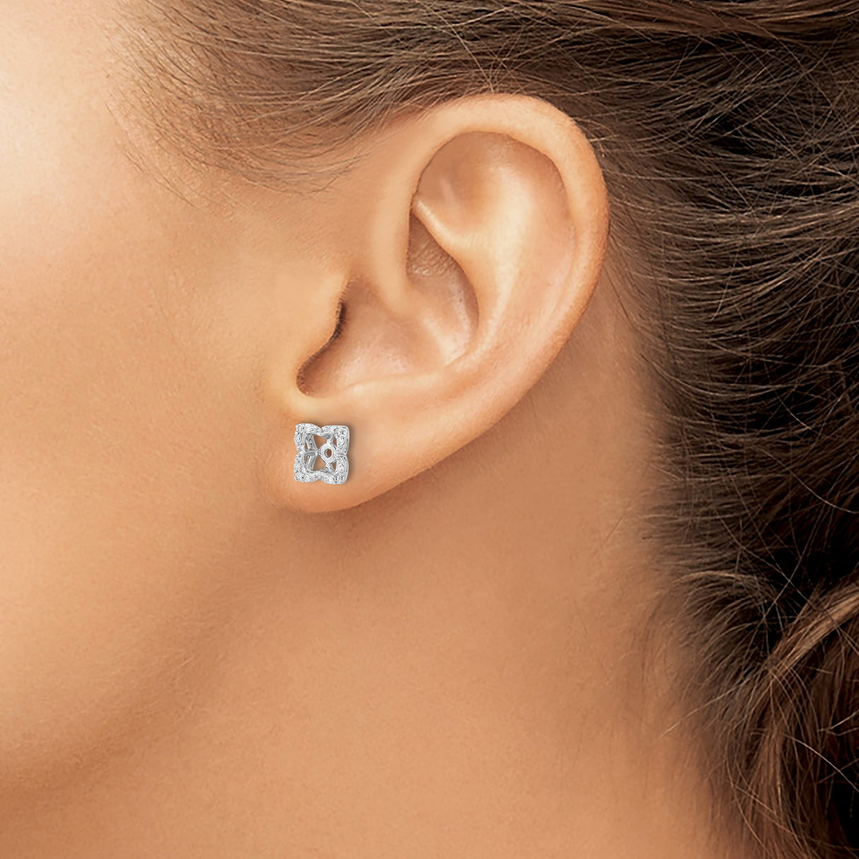 14k White Gold Earring Jackets with Diamond Accents, Square Floral Halo Design for Women
