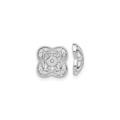 14k White Gold Earring Jackets with Diamond Halo and Square Floral Motif