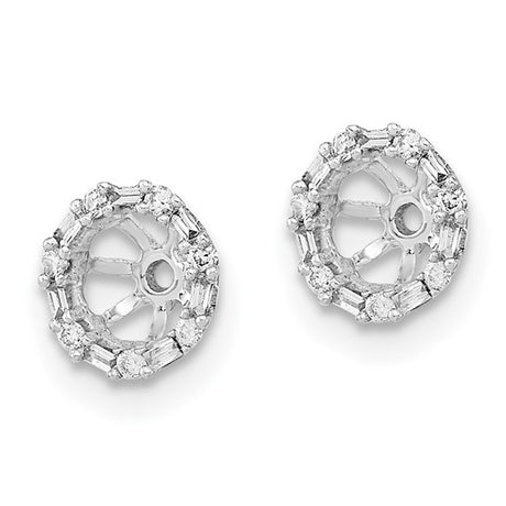 14k White Gold Earring Jackets with Round and Baguette Diamonds, Starburst Halo Design