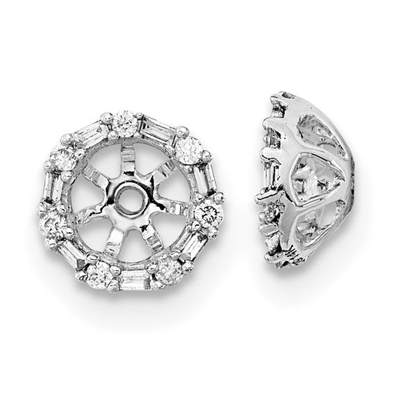 14k White Gold Earring Jackets with Round and Baguette Diamonds, Starburst Halo Design