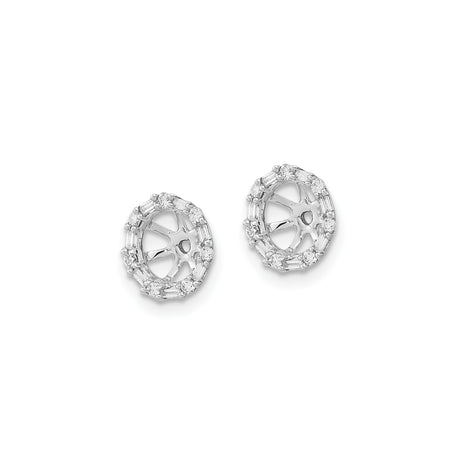 14k White Gold Earring Jackets with Diamond Round and Baguette Stones, Geometric Halo Design