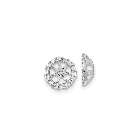 14k White Gold Earring Jackets with Diamond Round and Baguette Stones, Geometric Halo Design