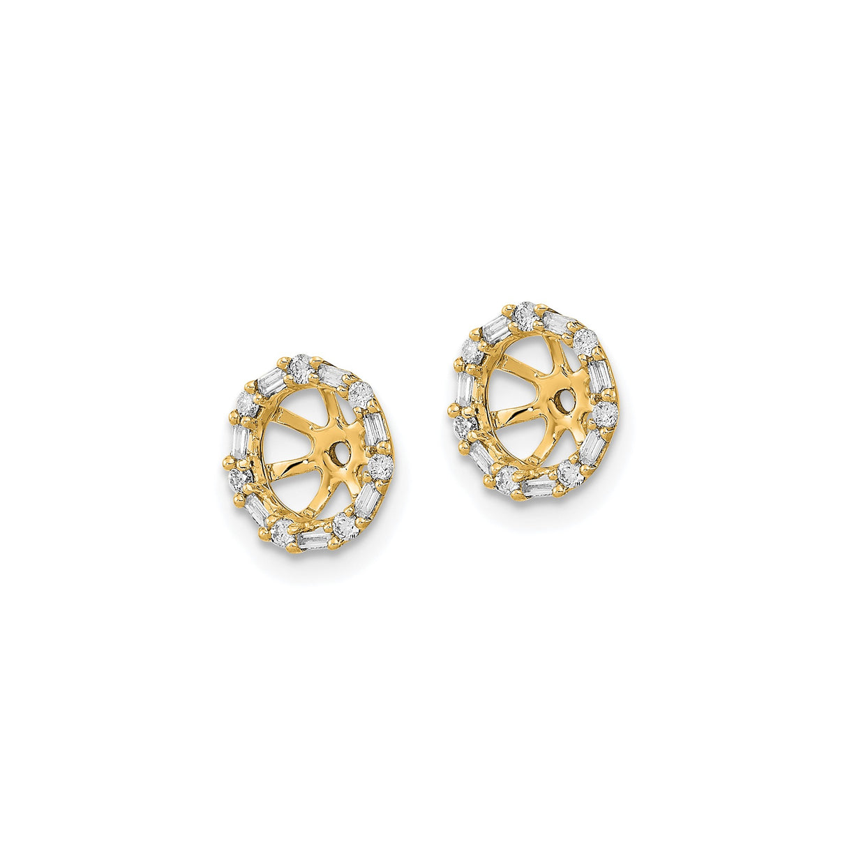 14k Yellow Gold Stud Earrings with Diamond Baguette and Round Stones, Sunburst Dharma Wheel Design