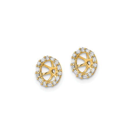 14k Yellow Gold Stud Earrings with Diamond Baguette and Round Stones, Sunburst Dharma Wheel Design
